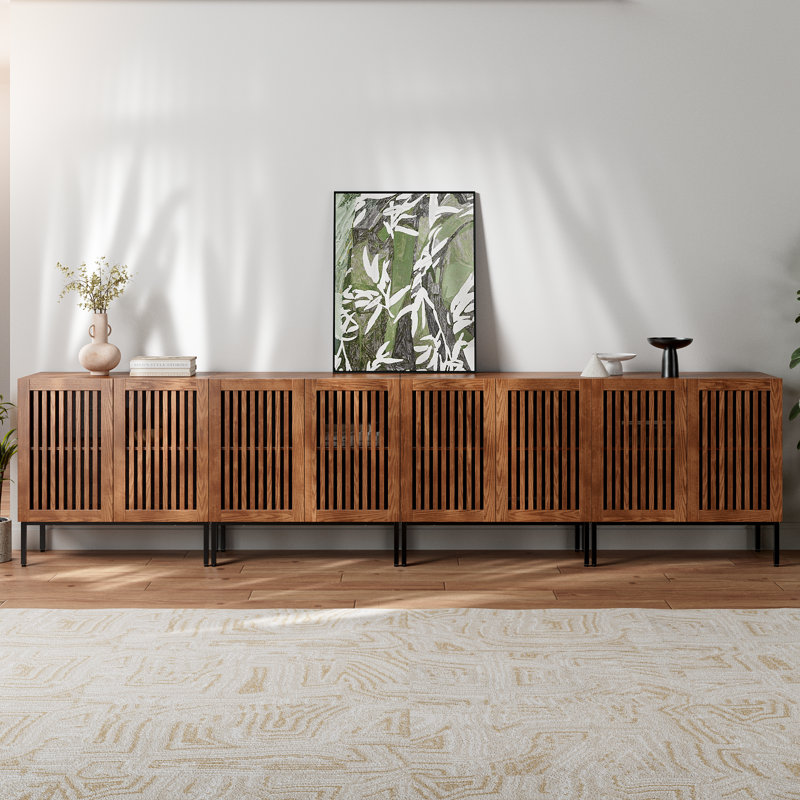 Meuble télé pour téléviseur de 85 po ou moins Farmhouse, meuble télé avec armoires de rangement, console multimédia pour le salon, brun
