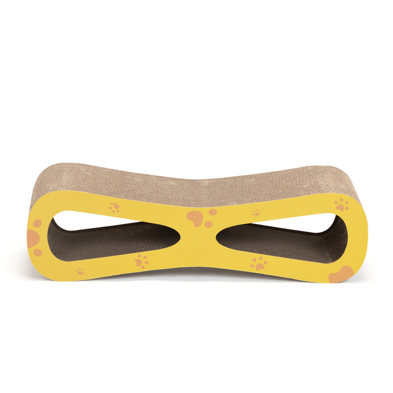 Grattoir pour chat à 8 formes avec motif, double fonction et espace de couchage, carton ondulé réversible, protection de mobilier, ajout d'herbe à chat, naturel + jaune, L 29,5 po x l 8,7 po x H 8,3 po, roulement 110 lb