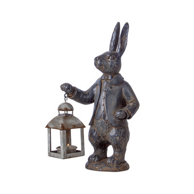 13.19" Garden Bunny Statue Metal Tabletop Lantern