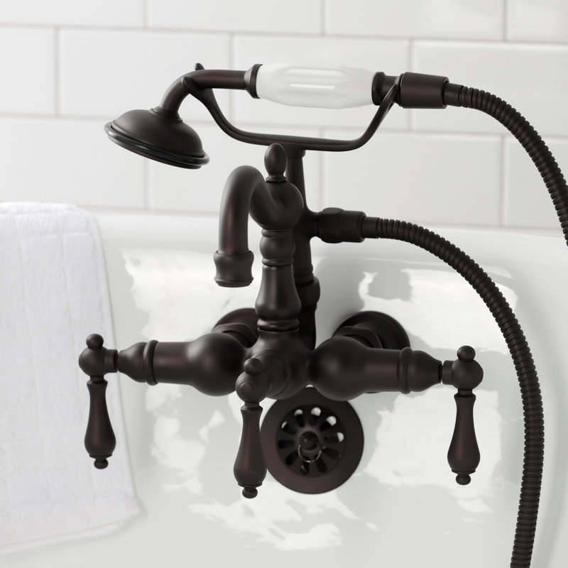 Kingston Brass Heritage Three-Handle 2-Hole Tub Wall Mount Clawfoot Tub Faucet with Hand Shower, Oil Rubbed Bronze