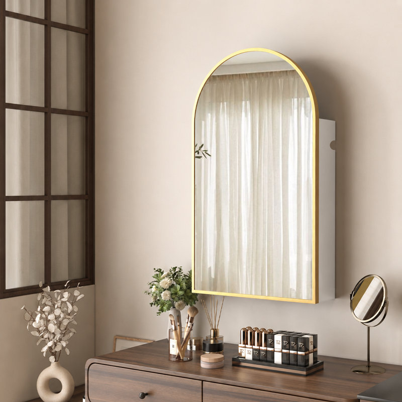 Arched Wall-Mounted Mirrored Medicine Cabinet With Storage & Built-In Outlet, Adjustable Shelves, Gold