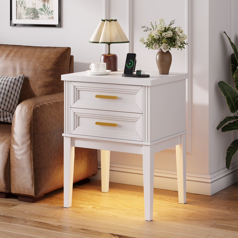 25.6“H Nightstand with Built-In Outlets and Lights, White