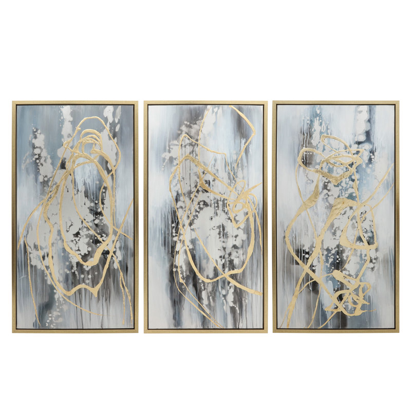 Modern Neutral Set of Three, Abstract Canvas on Gold Frame, Contemporary Wall Art Decor