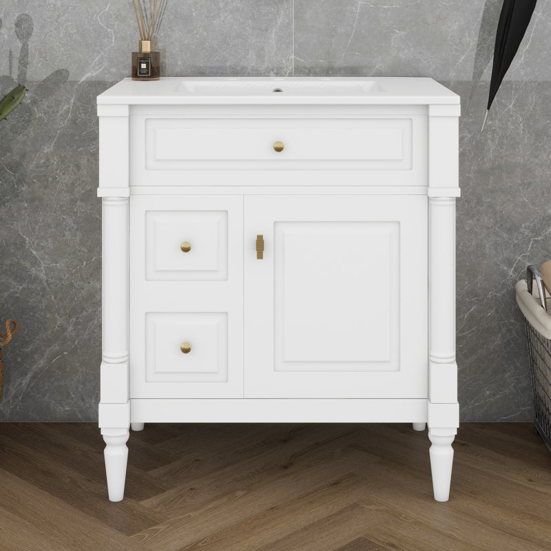Meuble-lavabo de 30 po avec lavabo, tiroir basculant, portes et support de rangement, meuble-lavabo simple avec tiroirs et tablette réglable