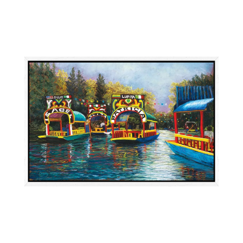 Xochimilco, Mexico by Candy Mayer - Painting on Canvas, 45.72cm H x 66.04cm W x 3.81cm D, White Framed Canvas