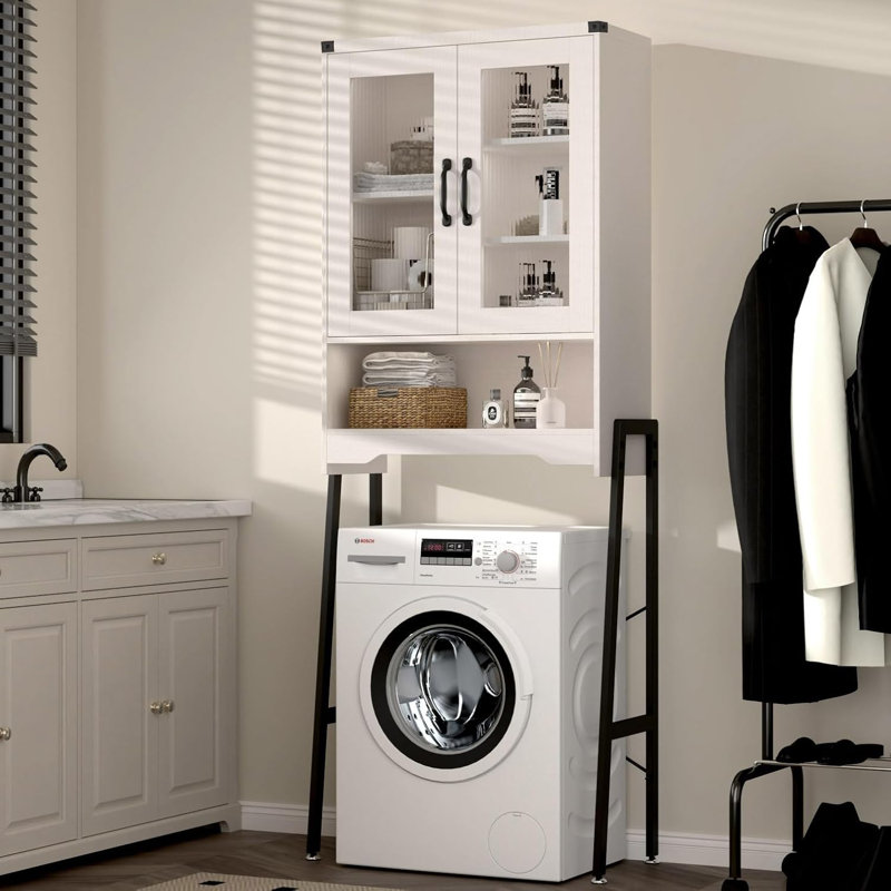 Over The Toilet Storage Cabinet With Tempered Glass Doors & Metal Stand, White