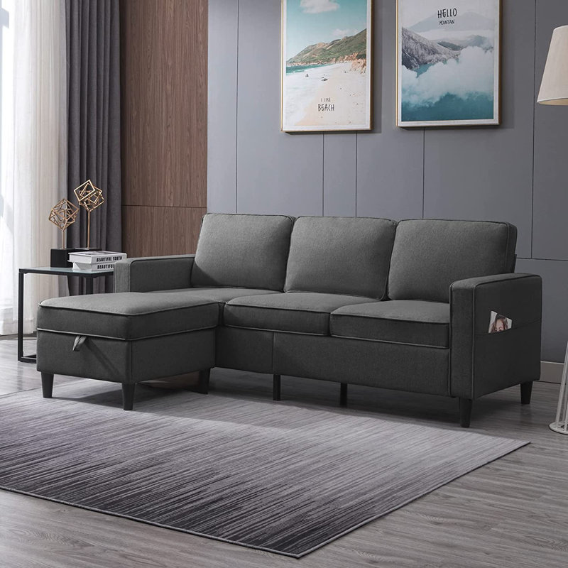 78" Square Arm Linen Sofa with Reversible Cushions, Dark Grey, Dark Gray Linen Blend
