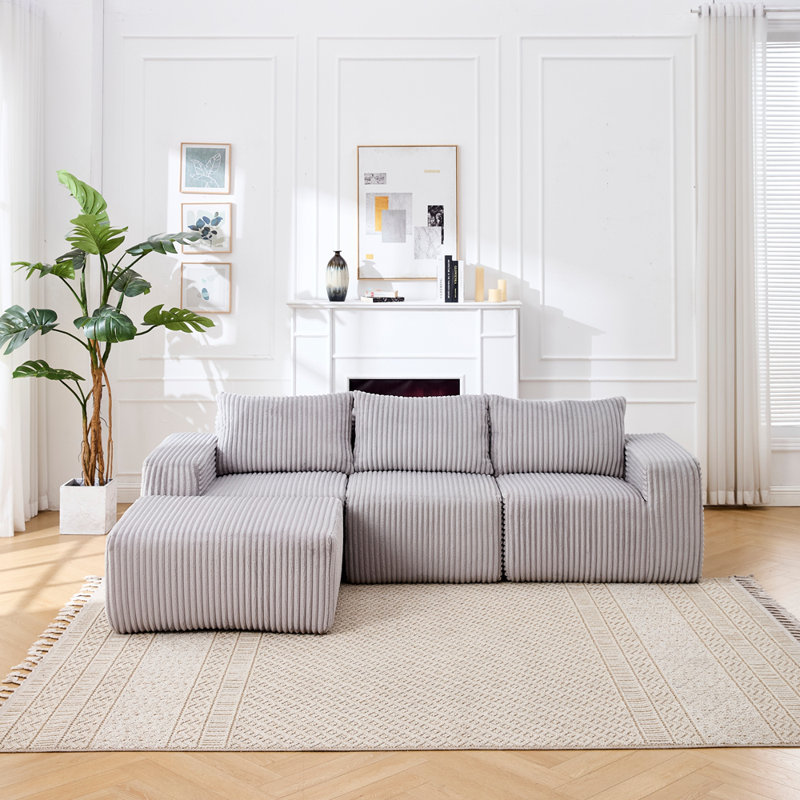 Canapé modulaire moderne en L, siège rembourré en L avec sièges profonds, Velours côtelé gris pâle