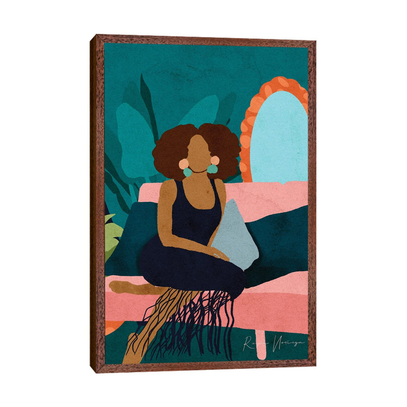On My Couch by Reyna Noriega - Painting on Canvas, 66.04 cm H x 45.72 cm W, Classic Brown Wood Framed Canvas
