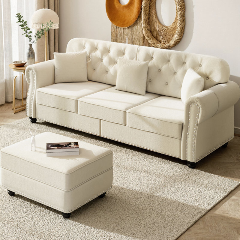 82.6" Upholstered Velvet L-Shaped Sectional Sofa with Ottoman, Mid-Century Modern Chesterfield Style, Button Tufted with Nailhead Trim & Rolled Arms, Includes 3 Pillows