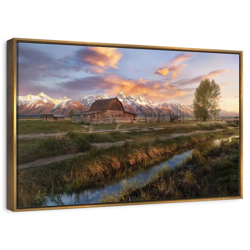 Scène de grange Moulton, 46 po x 31 po, Cadre flottant doré