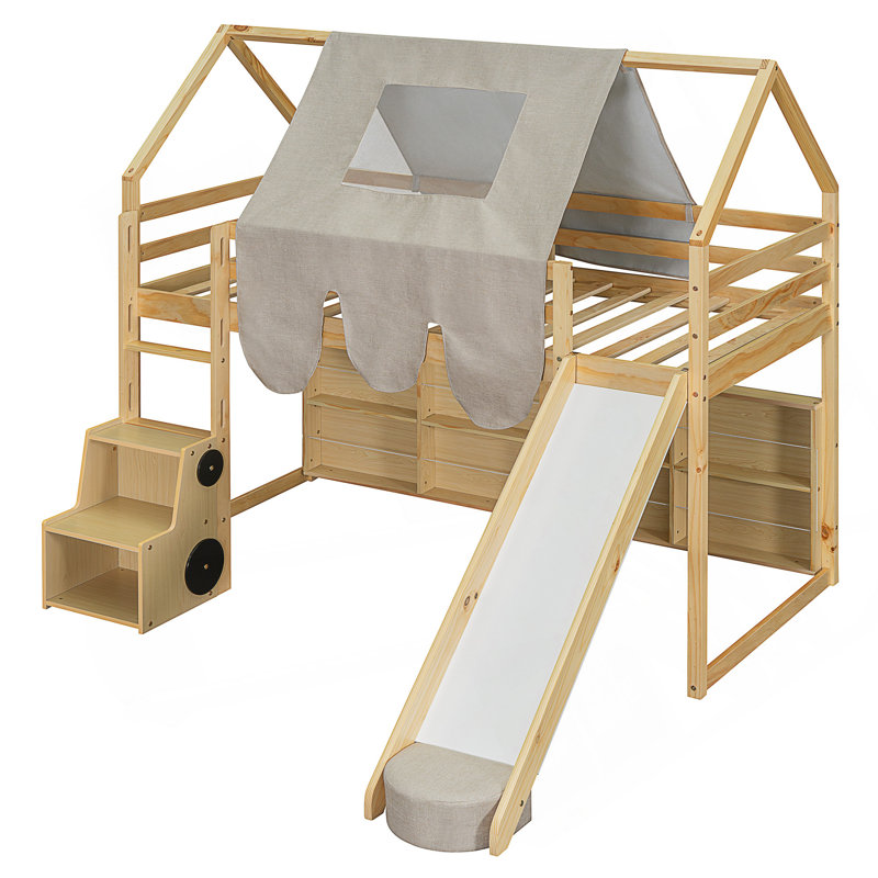 Cadre de lit mezzanine en bois avec tente, Naturel, Lit simple