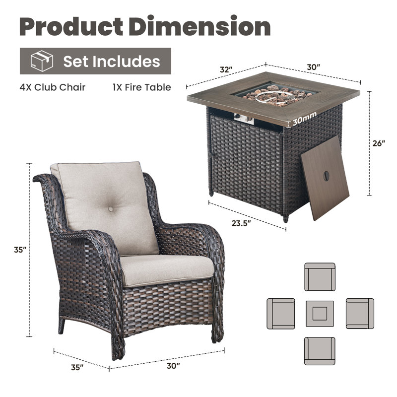 Bonia Outdoor 5-Pieces PE Wicker Patio Chair Set with Fire pit and Cushions, Beige, Brown