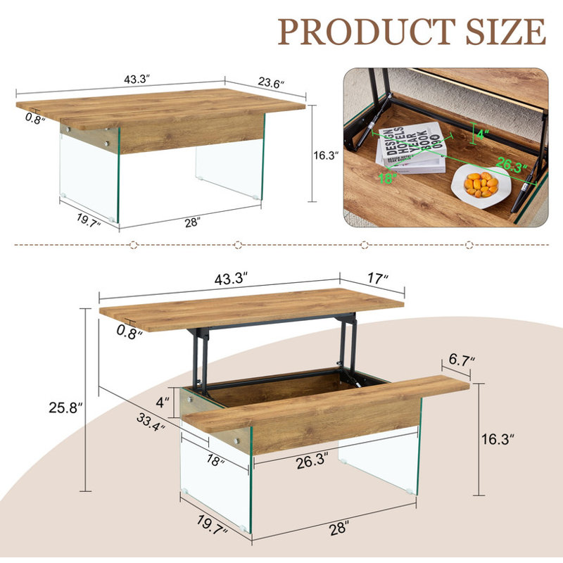 43.3-inch coffee table with height-adjustment function (with storage space) combines rustic style with tempered glass, space-saving design, multiple color options, suitable for living room and office, Natural Wood