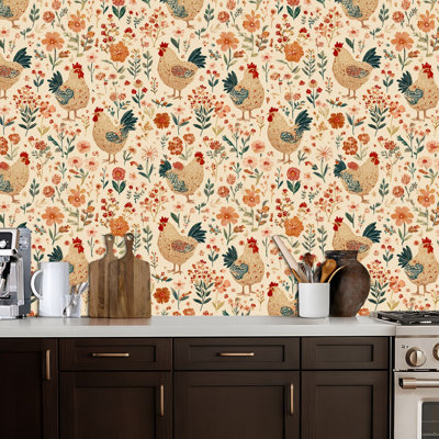 Peel and Stick Wallpaper Charming Floral Chicken Colorful Hens Wildflowers Soft Cream Whimsical Contact Paper Removable Self Adhesive Wall Mural Wall Decor for Bedroom Kitchen Cabinets 24in x 118in