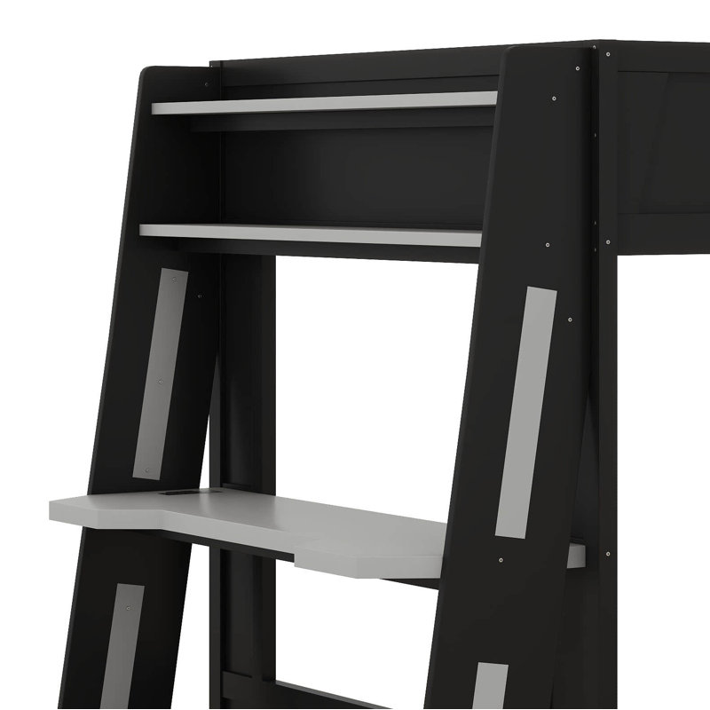 Lit superposé en bois avec bureau, deux tablettes de rangement, USB et lumière DEL, Noir/gris