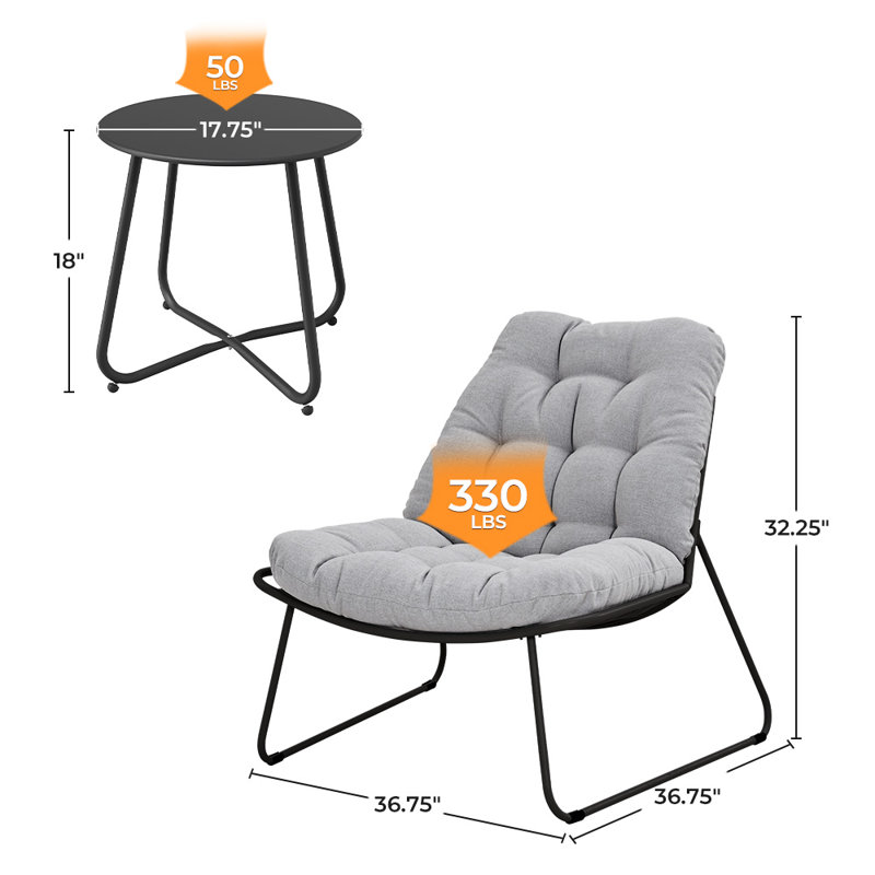 Ensemble 3 pièces de chaises longues avec table d'appoint et coussins, Gris clair, Noir