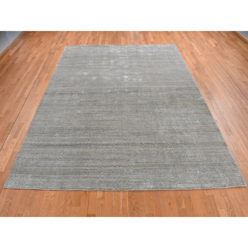 9'x12' Olive Green Tone on Tone Leaf Design Silk Distressed Textured Wool Hand Knotted Rug D9A96A9B4ED34972BFA59749A15210F7
