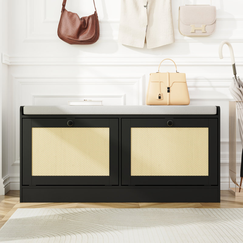 Rattan Shoe Bench Fit Up To Shoe Size 16, Boho Entryway Bench With Storage Cabinets And Seat Cushion, Wooden Shoe Storage Bench For Entryway, Hallway And Bedroom
