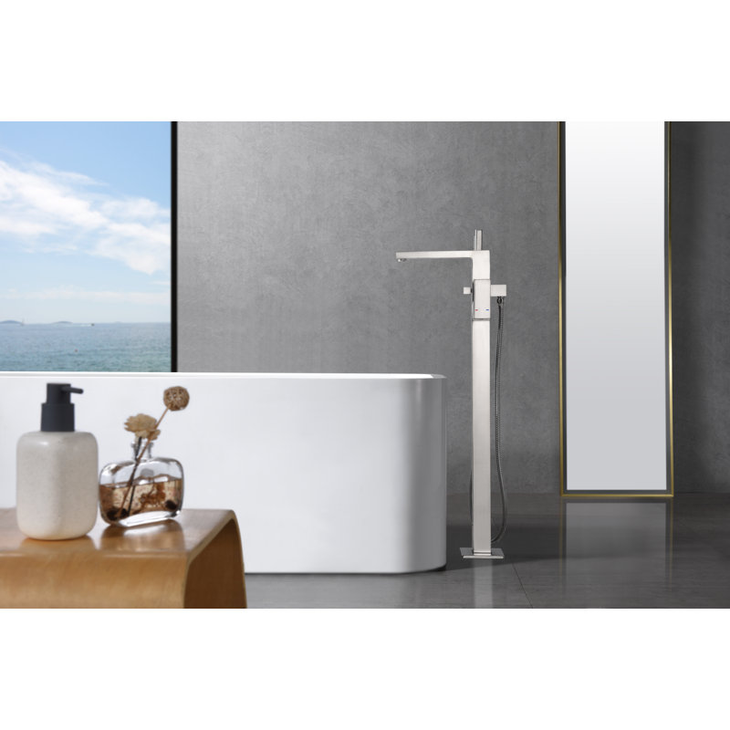 Rift Collection Single Handle Floor Mounted Roman Tub Filler Faucet with Hand Shower - Brushed Nickel, Brushed Nickel