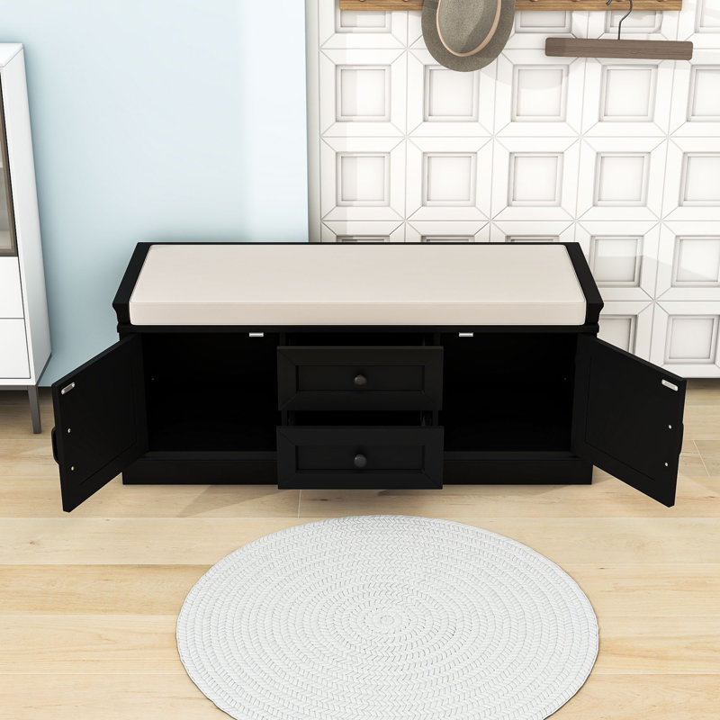 Storage Bench with 2 Drawers, 2 Cabinets and Removable Cushion for Entryway, Black