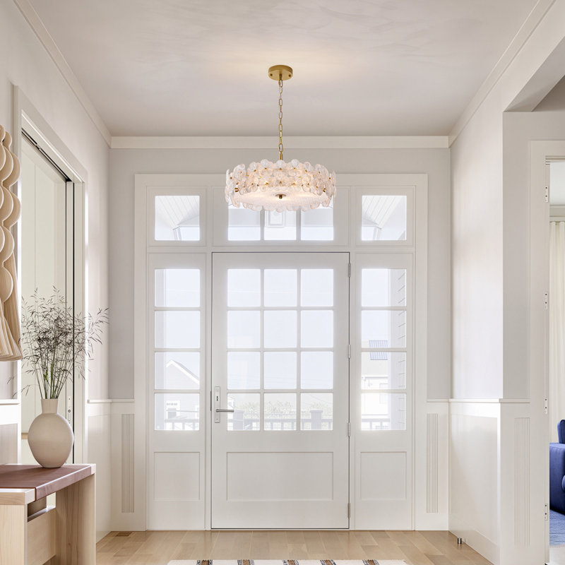Lustre tambour moderne en laiton 5 lumières avec fleur en verre transparent embossé, 5, 19.71 in D×19.7 in W×5.9 in H