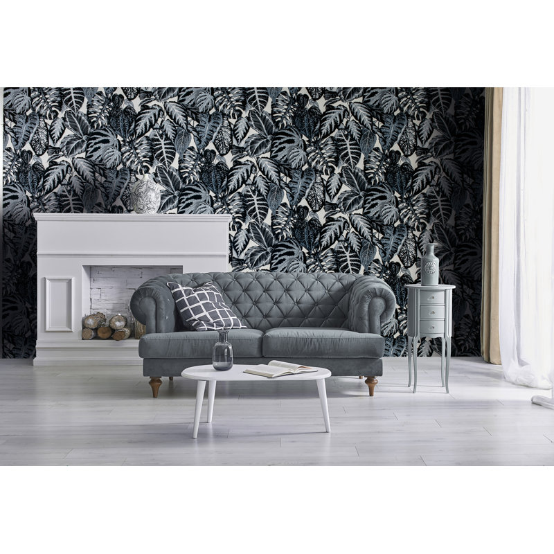 Feel Flocked Elephant Leaf Design 33' L x 21" W Wallpaper Roll, Blue