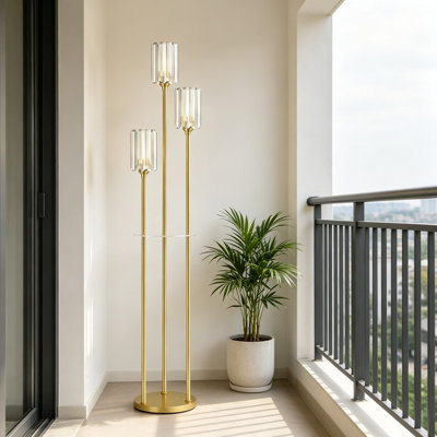 Lampe sur pied en cristal moderne avec tablettes, lampe sur pied Mid-Century en laiton avec abat-jour en cristal K9, lampe d'angle rétro rétro pour le salon ou la chambre à coucher