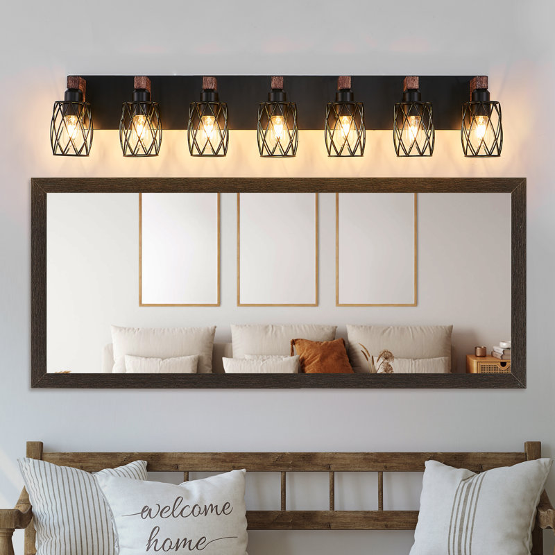 7-Light Industrial Farmhouse Wood and Black Metal Vanity Light with Mesh Metal Shades, 7 Lights