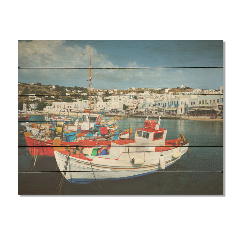 Bateau de finition grec portuaire - chasse et pêche, art mural sur bois de pin naturel, H 24 po x l 32 po
