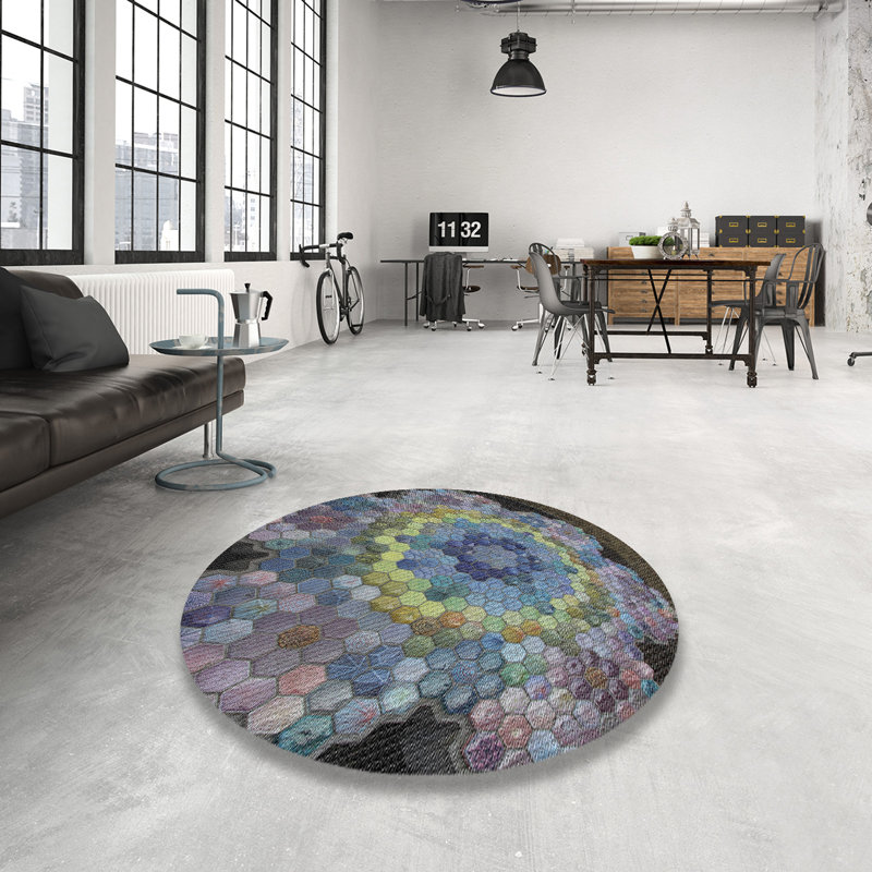 Tapis mauve / brun à motif géométrique tissé à la machine, Rond 7 pi