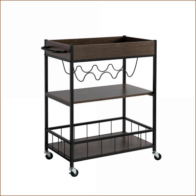 Rolling Kitchen Cart with 3 Tiers & 4 Wine Rack - Brown/Black Metal | Walnut | Particle Board by Latitude Run