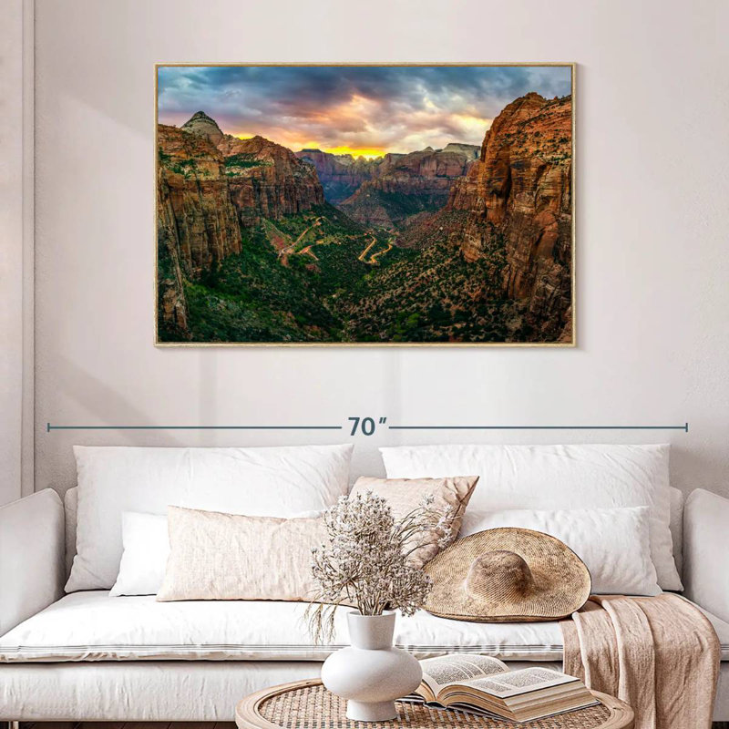 Parc national de Zion au coucher du soleil, Cadre flottant en bois naturel, 46 po x 31 po
