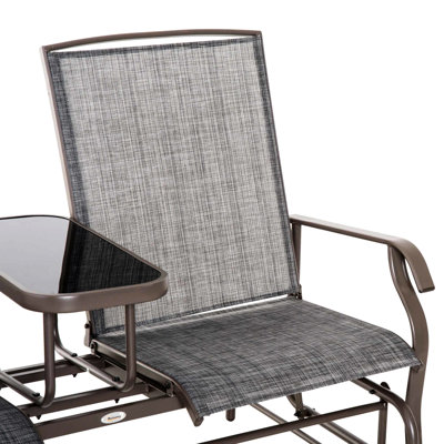 Metal Frame Glider Bench With Table Integration Feature. Gray Patio For Outdoor Spaces. Double Gliding Enjoyment. Breathable Mesh. 726 Lbs. Capacity. Backyard, Garden, Porch Selectable. 32"d X