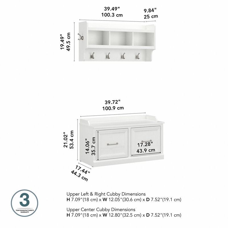 Kierra Hall Tree 40'' Wide with Bench, Wall Coat Rack, and Shoe Storage, White Ash