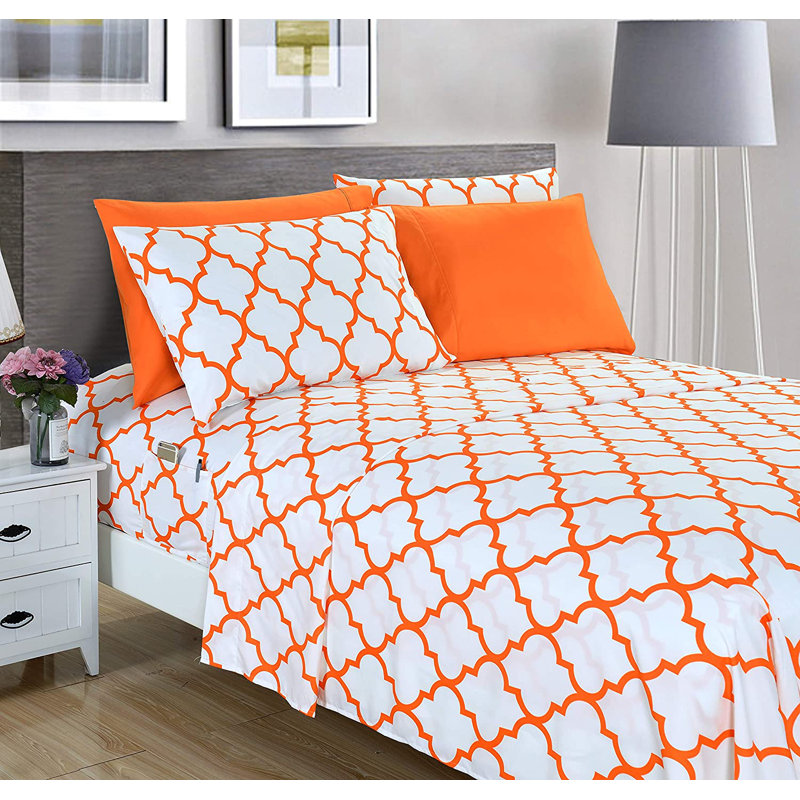 1500 Thread Count Luxury Soft Geometric Sheet Set, Orange, King Sheet Set + Fitted Sheet + 4 Pillowcases