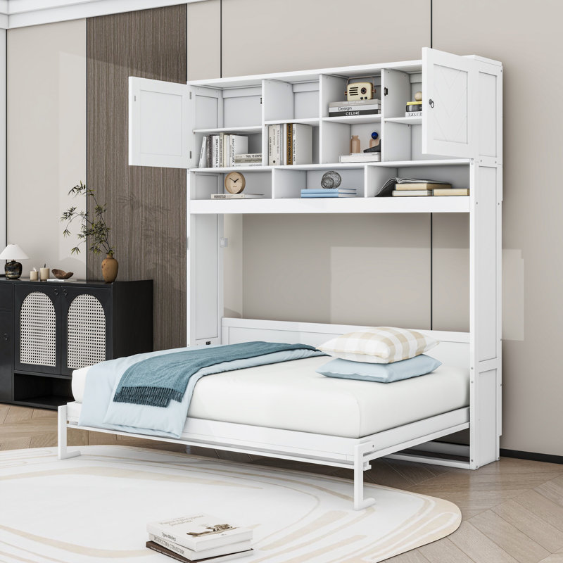 Grand lit escamotable en bois avec tablettes
