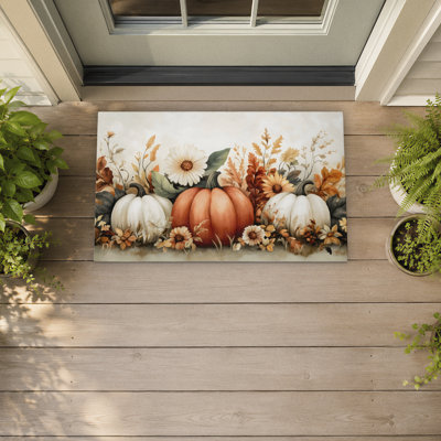 Tapis de porte d'extérieur à motif de citrouilles et de fleurs d'automne, design par Creative Studio, 18 po x 30 po