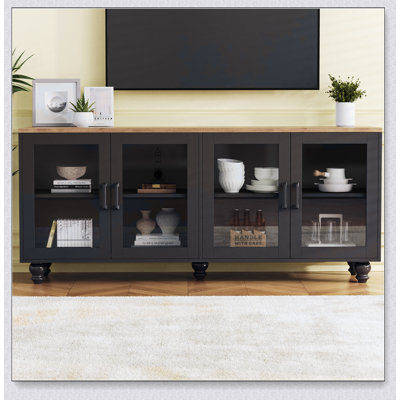 Meuble télé Farmhouse avec portes en verre trempé pour téléviseur de 70 po ou moins, buffet polyvalent avec tablettes réglables, armoire élégante avec 5 pieds en bois massif en forme de gourde pour le salon,