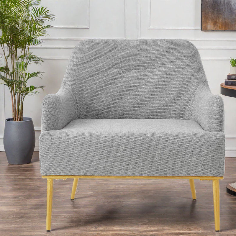 Chaise d'appoint moderne gris, tissu chenille, dossier incurvé et pieds en métal doré pour le salon