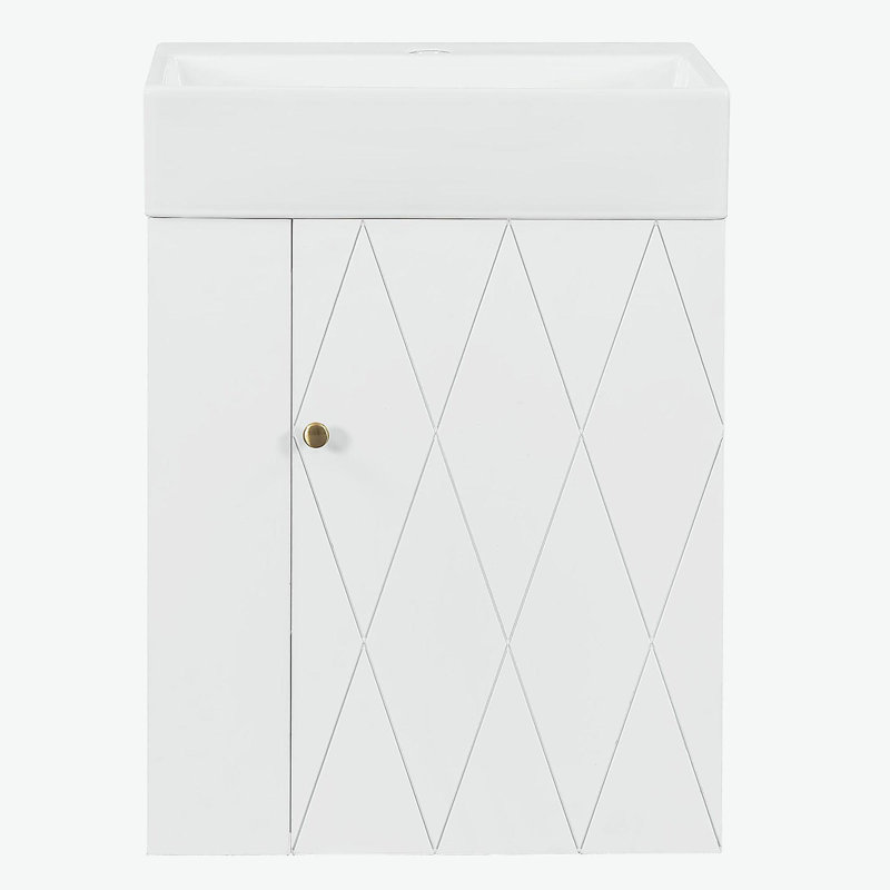 Meuble-lavabo de 20 po avec lavabo en céramique, poignée dorée et tablettes de rangement latérales, Blanc