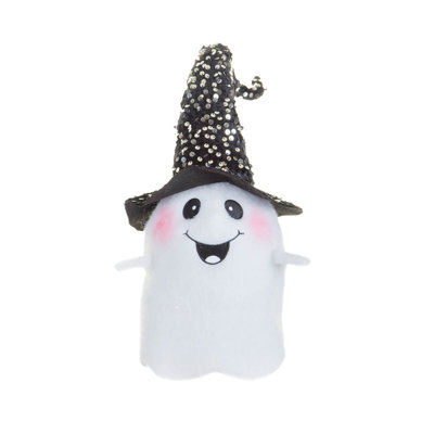 White Fabric Ghost Ornament with Witch Hat