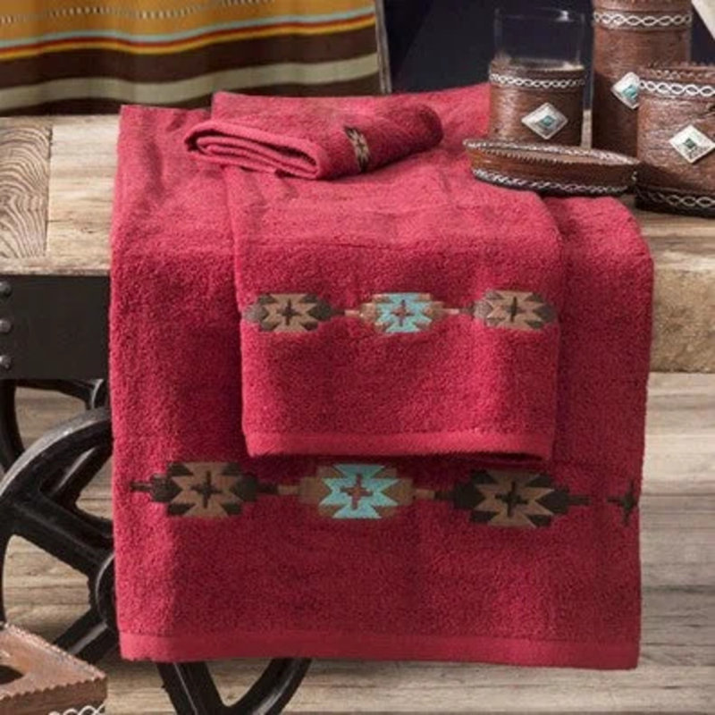 Socorro Cotton Blend Embroidered Geometric Pattern Aztec Rustic Lodge Southwestern 3 Piece Towel Set, Red
