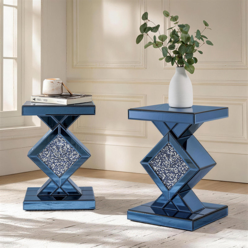 Grande table de bout à piédestal en verre miroitant de 23 po avec incrustation de cristal Amla, Bleu