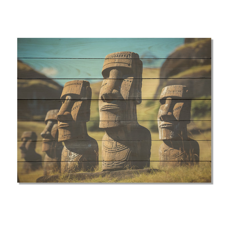 Art moderne brun sur bois, Moai Marvel, art asiatique II, H 30 po x l 40 po