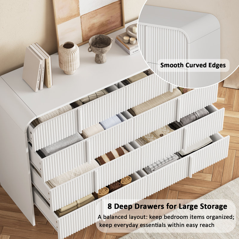 Commode double l 47,2 po avec 8 tiroirs, organisateur de rangement moderne, conception à profil courbé, Blanc