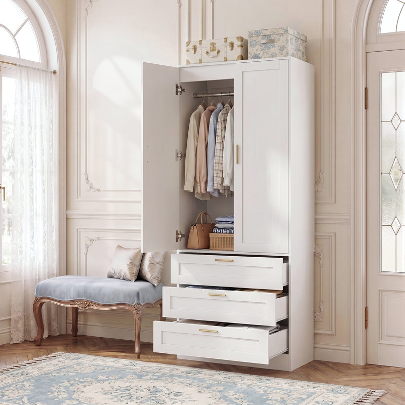 27.5" × 68" Closet System With 3 Drawers, Closet Organizer With Doors & Hanging Rod, White