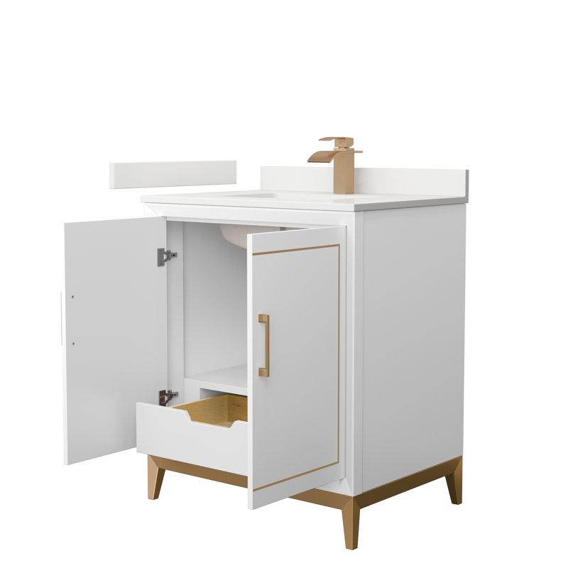 Meuble-lavabo sur pied simple 30 po avec plateau en quartz Marlena, Noir mat, Blanc, Quartz Giotto