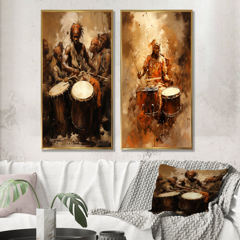 Drame traditionnel africain traditionnel - ensemble de 2 décorations murales musicales, H 32 po x l 33 po, Encadrement doré