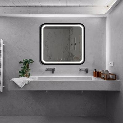 32*32Inch Bathroom Led Classy Vanity Mirror With Focused Backplane,Black Aluminum Alloy Frame,High Lumen,Dimmable Touch,Wall Switch Control